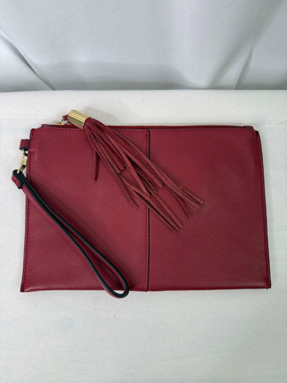 INC International Concepts Wine Red Leather Tassel Wristlet Clutch